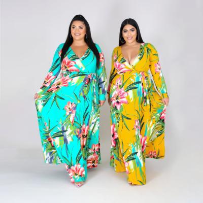 China Anti-wrinkle Fashion Plus Size Drop Womens Clothing Digital Print V-Neck Floral Long Sleeve Plus Size Dresses for sale