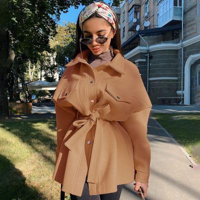 China Anti-wrinkle Autumn And Winter New Fashion European and American street trend fabric bandage shirt lapel woolen coat for sale