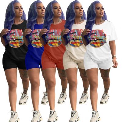 China 2021Summer Fashion Print Breathable T-shirt And High Waist Shorts Pants Set Of 2 Piece Sweat Suit Women Sports Shorts for sale