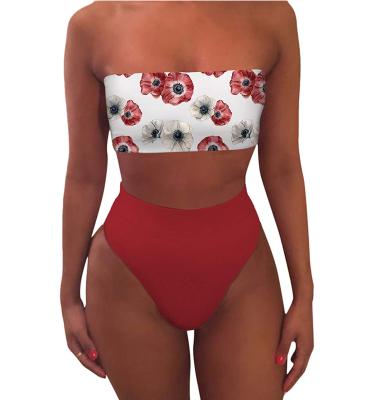 China Anti-UV Women's Flower Printed High Waisted Bandeau Bikini Set for sale