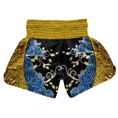 China BJJ Muttahida Majlis-e-Amal Muay Thai Boxing Fight Custom Printing Muay Thai Boxing Shorts Gold Floral Blue Roses Fighting Shorts Muttahida Majlis-e-Amal Thai Boxing Trunks for sale