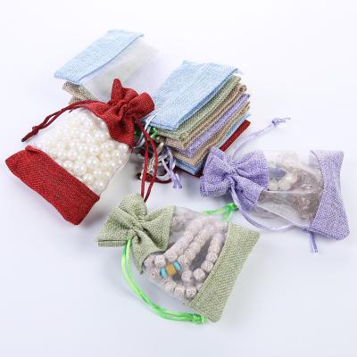 China 10*14Cm Imitation Canvas And Organza Jewelry Bags Mini Gift Bags With Window Imitation Canvas And Organza Drawstring Bags for sale