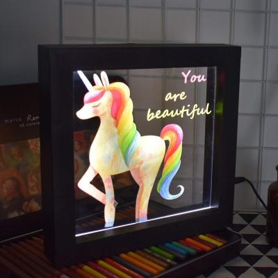 China Christmas Party Hoom Decoration Photo Frame Unicorn Horse 3D Illusion LED Lamp Light Night Light Marquee Sign Table Desk Lamp Battery Operated Gift for sale