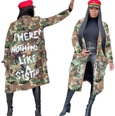 China 2020 Latest Long Fashion Style Camouflage Printing Patch Viable Casual Jacket Women's Coat for sale