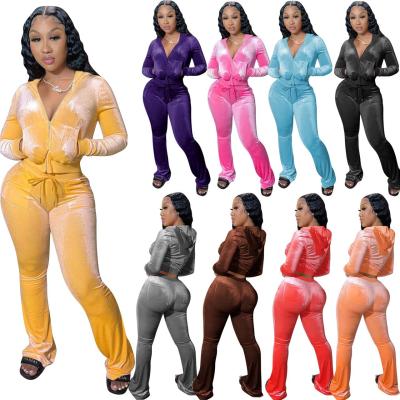 China Two-Piece Set Sweatsuit Autumn Crop Top Breathable Velor Tracksuit Outfit Velor Jogging Suit Women Velor Tracksuit for sale