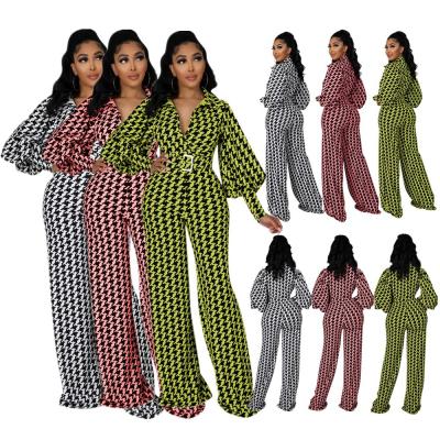 China Spring Anti-pilling Fashionable Houndstooth Printed Loose Long Sleeve OL Women Overalls With Belt for sale