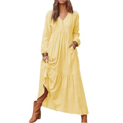 China Breathable Long Sleeve Dress Canvas Women Spring Casual Autumn V-Neck Button Up Loose Maxi Dress for sale