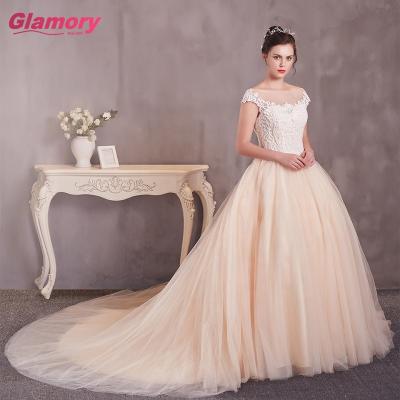 China New Style Breathable Wedding Dress Tail Boat Neck Lone Ball Gown Cap Sleeve Lace Up Wedding Dresses Custom Made for sale