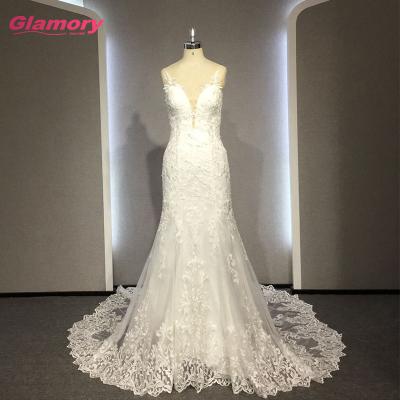 China Breathable White Wedding Lace Fabric Bride Dress Spaghetti Tie Tulle Mermaid Wedding Dress Made In Chaozhou for sale