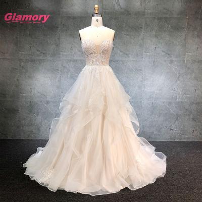 China Breathable Hot Girl Bride Dress Sweetheart Sexy Translucent Applique Ruffles Princess Elegant Wedding Dress for sale