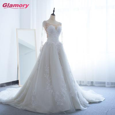 China 2020 New Arrival Breathable Appliques Ball Gown Tulle Floral Backless Long Sleeve Wedding Dress for sale