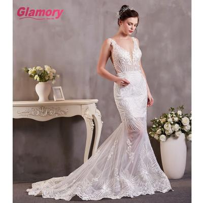 China Sexy Sleeveless Lace Mermaid Wedding Dresses Breathable V-Neckline See Under Dress Wedding Her for sale