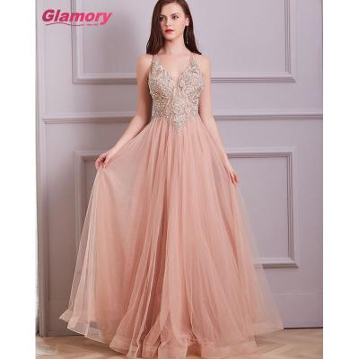 China Breathable V-neck Lace Ball Gown Glamorous Bling Women's Tulle Floor Length Evening Dress for sale