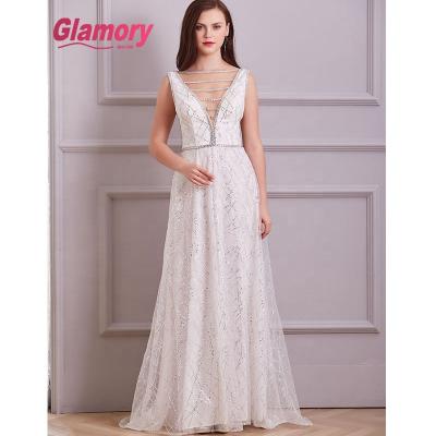 China Breathable white prom dresses equating deep v-neckline dress 2020 a line new dress design ladies even dress for sale