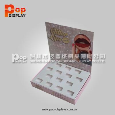 China Customized Corrugated Double Sided Cardboard Makeup Display Stand Cosmetic Countertops Product Lipstick Eyelash Display Stand for sale