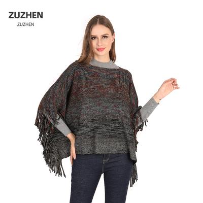 China American European Autumn Winter Women Tassel Wool Poncho Sweater Shawl Pullover Adult Poncho Sweater With Sleeves for sale