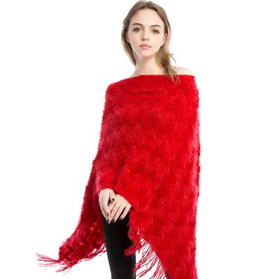 China Thick Soft Feeling Wholesale Knitting To Keep Warm Acrylic Woolen Fashion Shawl Tassel V-Neck Winter Ladies Soft Shiny Poncho for sale