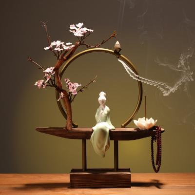 China Mini Traditional Chinese Artificial Flower Arch Incense Holder Wooden Incense Backflow Censer Chinese Home Decor for sale