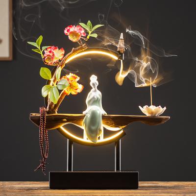 China Mini Traditional Chinese Artificial Flower Arch Incense Holder Wooden Back Incense Flow Censer Chinese Home Decor for sale