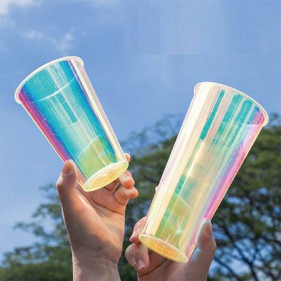 China Bio-degradable Plastic Color Changing Cups Low Price Black 16 Oz Beverage Clear Customization Rainbow Film Bubble Tea 90mm Cup for sale