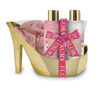 Chine Haut cadeau gîté de Bath des chaussures 3pcs d'or réglé avec le gel de douche, lait de nettoyage, éponge de Bath à vendre