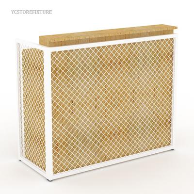 China Eco-friendly Industrial Style Metal Netting Decor Wooden Retail Store Cash Table Cashier Desk for sale