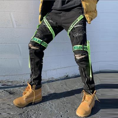 China New Design Street Breathable Fashion Men's Designers Breathable Jeans Jean With Zipper And Lace Up Pencil Men's Ribbon Ripped Cotton Jeans for sale