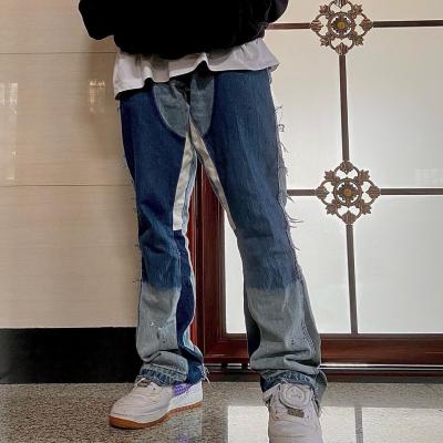 China OEM FOG fashion blue drop shipping private label breathable paint brushed denim boot cut out jeans men for sale