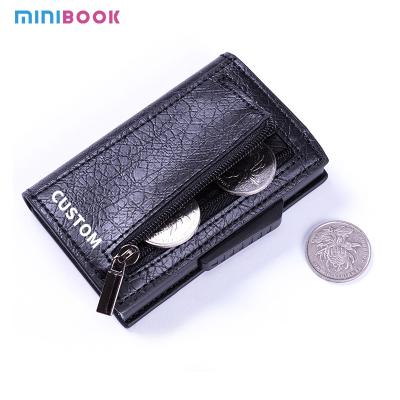 China Mens Slim Aluminium Wallet Card Holder Pop-up Cards RFID Blocking Crazy Horse Pattern Case for sale