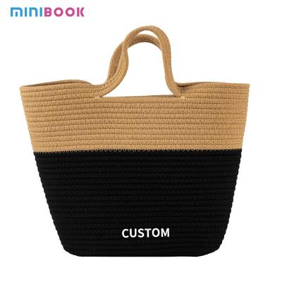 China Handmade Woven Beach Bag with Custom Logo Cotton Rope Macrame Shoulder Bag for sale