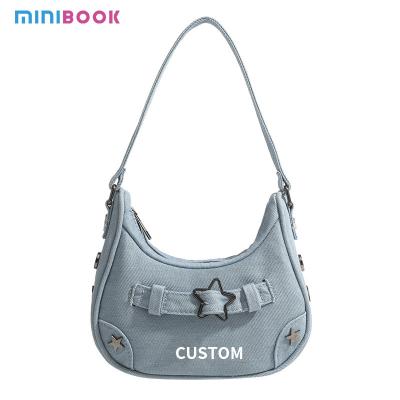 China Polyester Lining Material Trending Denim Jean Rivets Tote Bag Customized for Women for sale