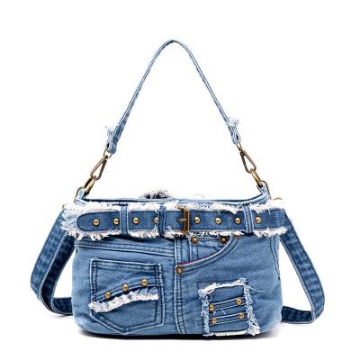 China Denim Schultertasche Luxus Vintage Reißverschluss Jeans Design Gürtel Krawatte Handtasche für Frauen zu verkaufen