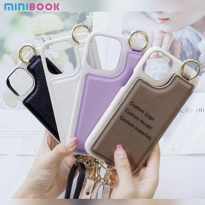 China Minibook Custom Saffiano Phone Case Mirror Wrist Strap and Card Holder for iPhone 14 for sale