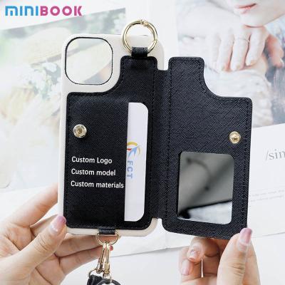 China Everyday Minibook Saffiano Pu Leather Bag with crossbody card wrist strap mirror wristband lanyard phone Case For Iphone 14 for sale