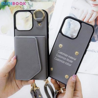 China Minibook Embossed pu Leather Phone Case With strap Card lanyard For Iphone 14 pro max for sale