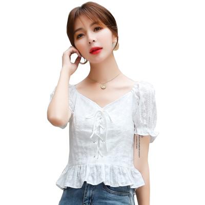 China 2021 summer fashion crop cotton solid color V-neck bubble top sleeve anti-pilling short blouse for sale