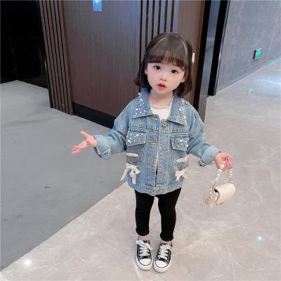 China Girls Fashion Breathable Denim Jacket Long Sleeve Cardigan Coat Beaded Jean Outwear Spring Autumn Girls Kids Clothes for sale