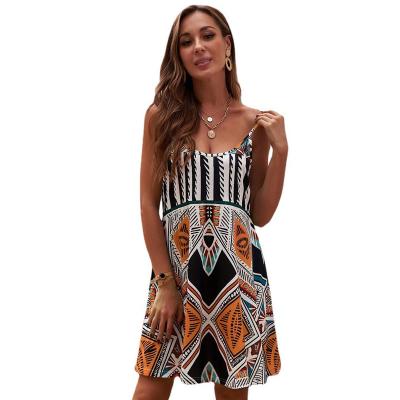 China Breathable Fashion Sleeveless Summer Women Dresses Spaghetti Strap Knee Length Dress Geometric Printed Casual Clothes for sale