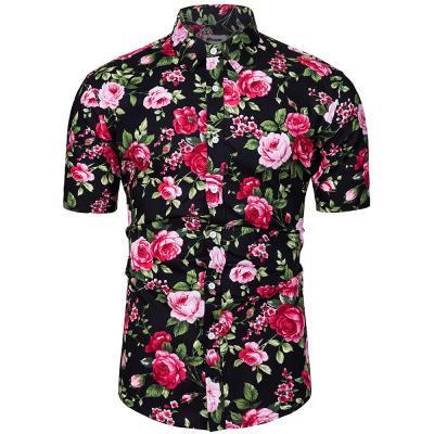 China Shinesia Men's Anti-Pilling Shirt Floral Cotton Breathable Oversized Short Sleeve Rose Print Hawaiian Beach Casual Custom Shirt for sale