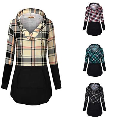 China Anti-Wrinkle Shinesia Women Hoodies Plus Size Plaid Splice Curves Hem Drawstring Pullover Kangaroo Pocket Slim Casual Hoodie for sale