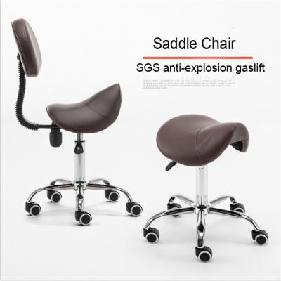 China Durable Adjustable Height Rotating Saddle Shape Salon Chair Furniture Cosmetic Height Adjustable PU Leather Barbers Chair With Back for sale