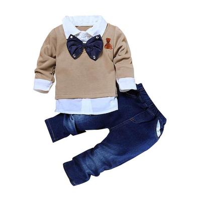 China Boy's Casual 3Pcs Outfit Set Plaid Shirt + T-shirt + Suspender Handsome Jean Sets for sale