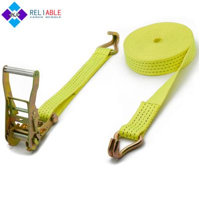 China Carrying Cargo Lashing Strap Heavy Duty Rope 2 Inch 50mm 5000kgs Adjustable Car Carrying Strap With Double J-Hooks Ratchet Truck Tie Down for sale