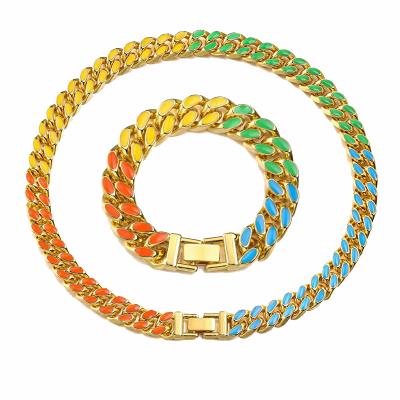 China Hiphop Necklaces Stainless Steel Link Chain Colorful Cuban Custom Gold Plated Necklace for sale