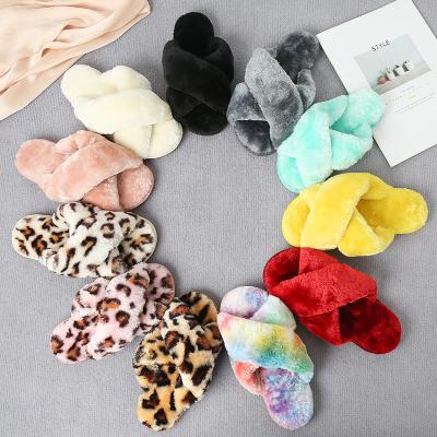 China Fashion Trend Winter Slippers Women Faux Fur Warm Shoes Indoor Slipper Female Toe Home Fashion Slides Open Floor Ladies Leopard Style for sale