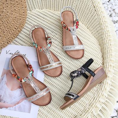 China Fashion Trend Sandals Women Ladies Shoes Style T-Strap Rhinestone Wedge Bohemian Sandals Plus Size for sale