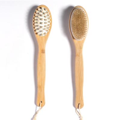 China EXFOLIATING Long Handle Double Sided Shower Brush With Boar Hair And Massage Beads Exfoliating Skin Scrub Bamboo Dry Brush for sale