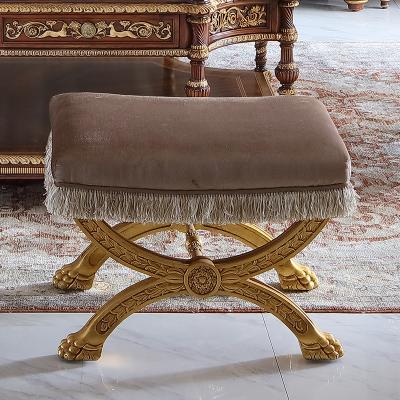 China Classic Royal British European Living Room Sofa Ottoman Luxury Upholstered Footstool Gold Solid Wood Stool for sale