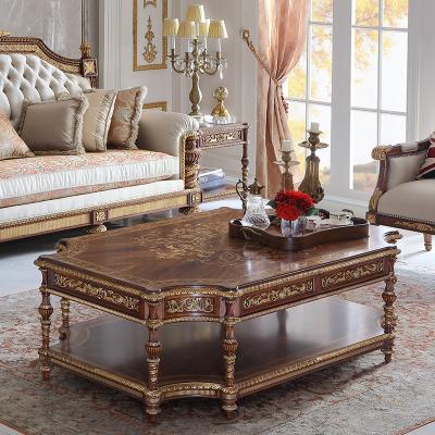 China European British Living Room Furniture Hand-carved Rectangular Tea Table With Drawer Gold Solid Wood Luxury Coffee Tables for sale