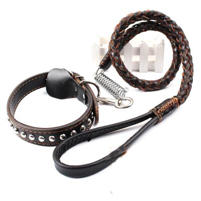 China Sustainable Luxury Genuine Leather Dog Leash Studded Collar Handmade Braided Leather Training Leashes Lead For Large Dogs 3/4